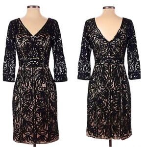 Sue Wong Lace Overlay V Neck 3/4 Sleeve Cocktail Dress Ornate Ribbon Design SZ 8